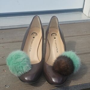 Eugenia Kim Dark Brown Heels with Mint and Chocolate Pom Poms